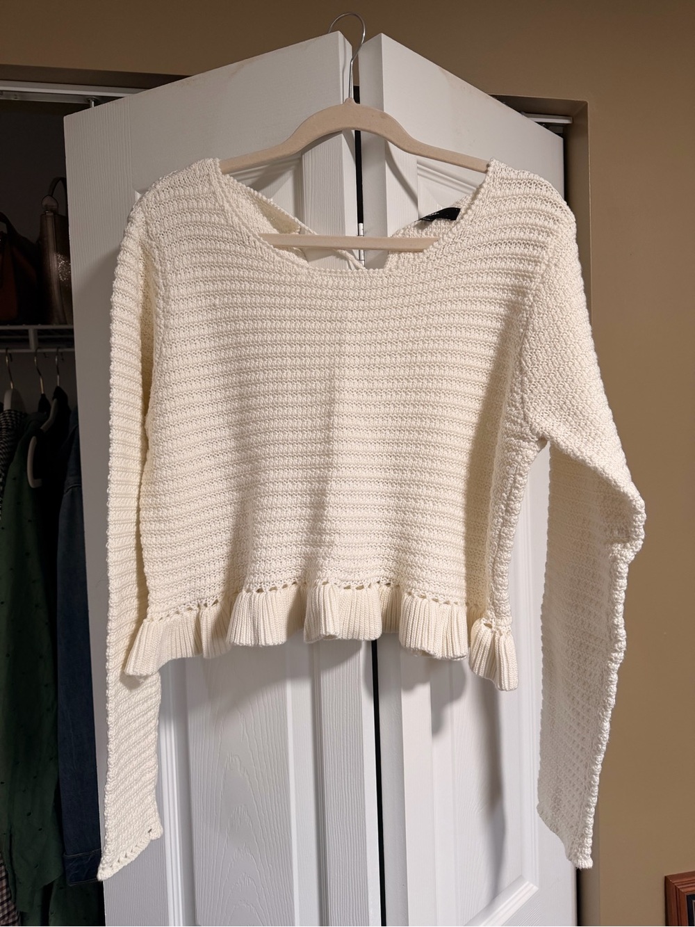 Lulu's Cream Ruffle-Hem Crewneck Sweater